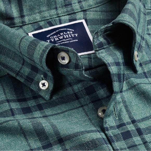 Charles Tyrwhitt Button-Down Collar Non-Iron Twill Large Check Shirt- Teal Green - Picture 5 of 6